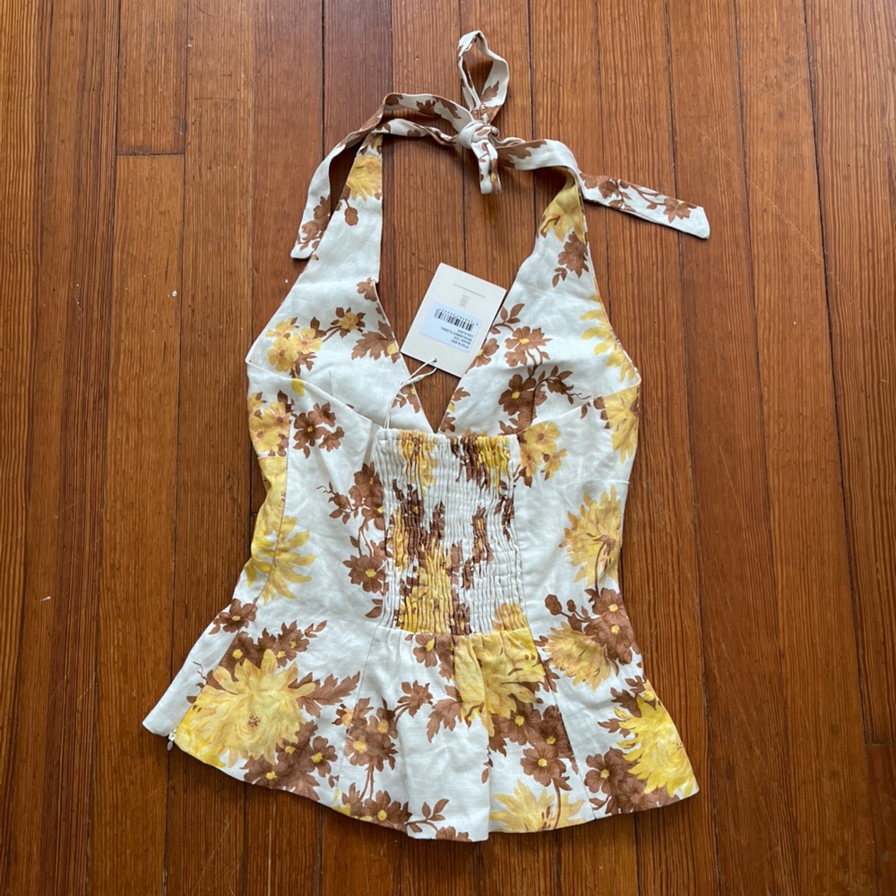 NWT Faithfull the Brand Marie Top in Midsummer Floral Mustard Brown Linen Halter - Picture 11 of 11